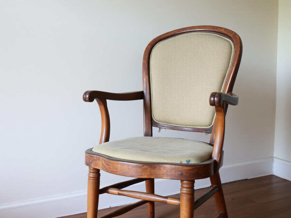 Tired wooden armchair with torn seat before restoration