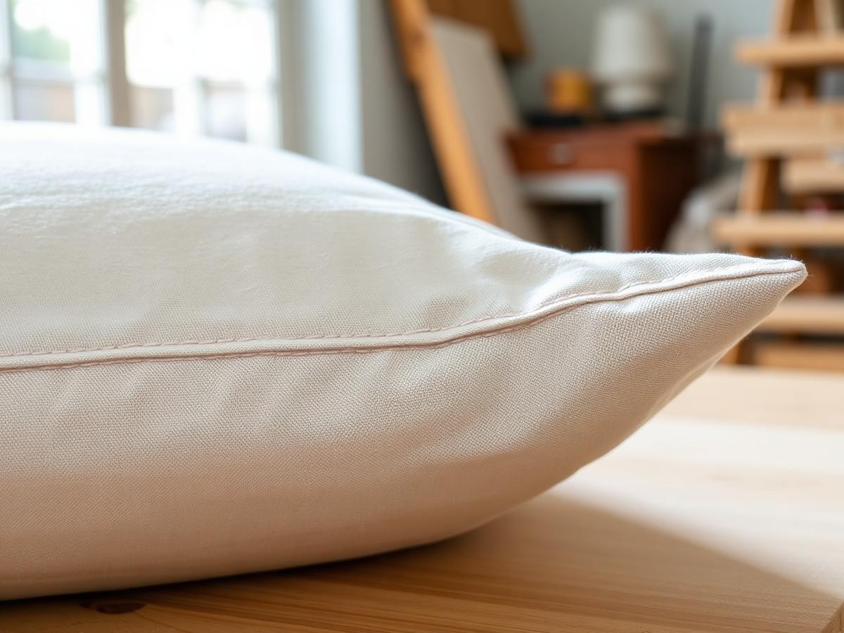 Close-up of a new linen cushion with piped seam