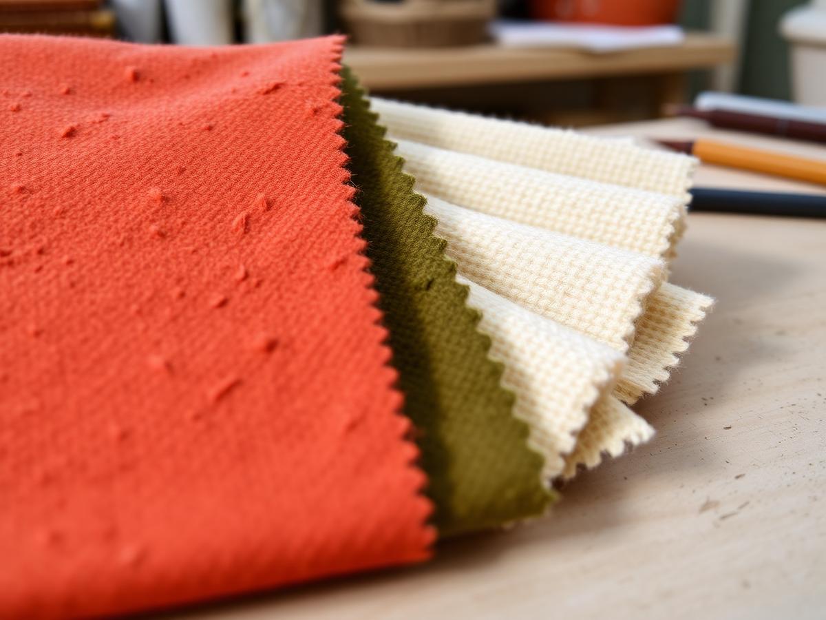 Upholstery fabric swatches in terracotta, olive and cream