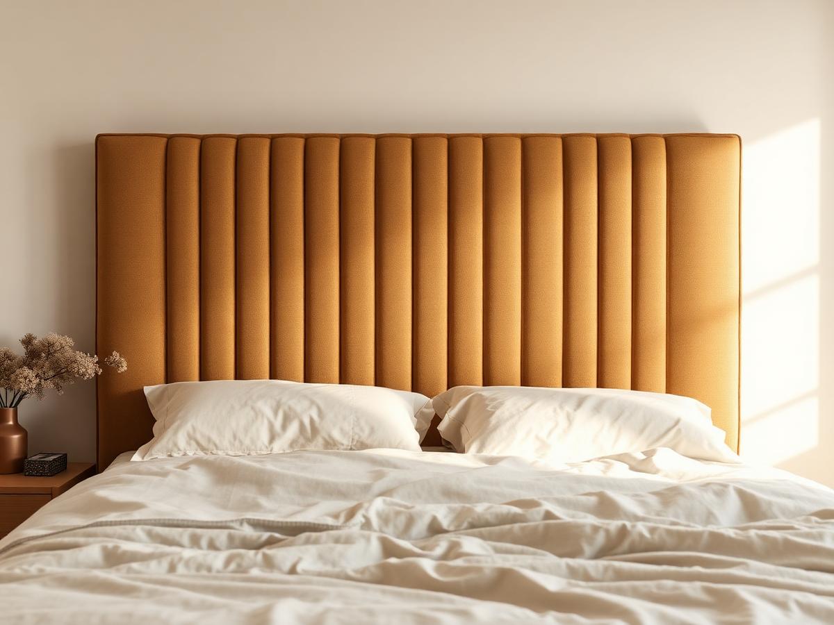 Custom upholstered headboard in warm sand fabric