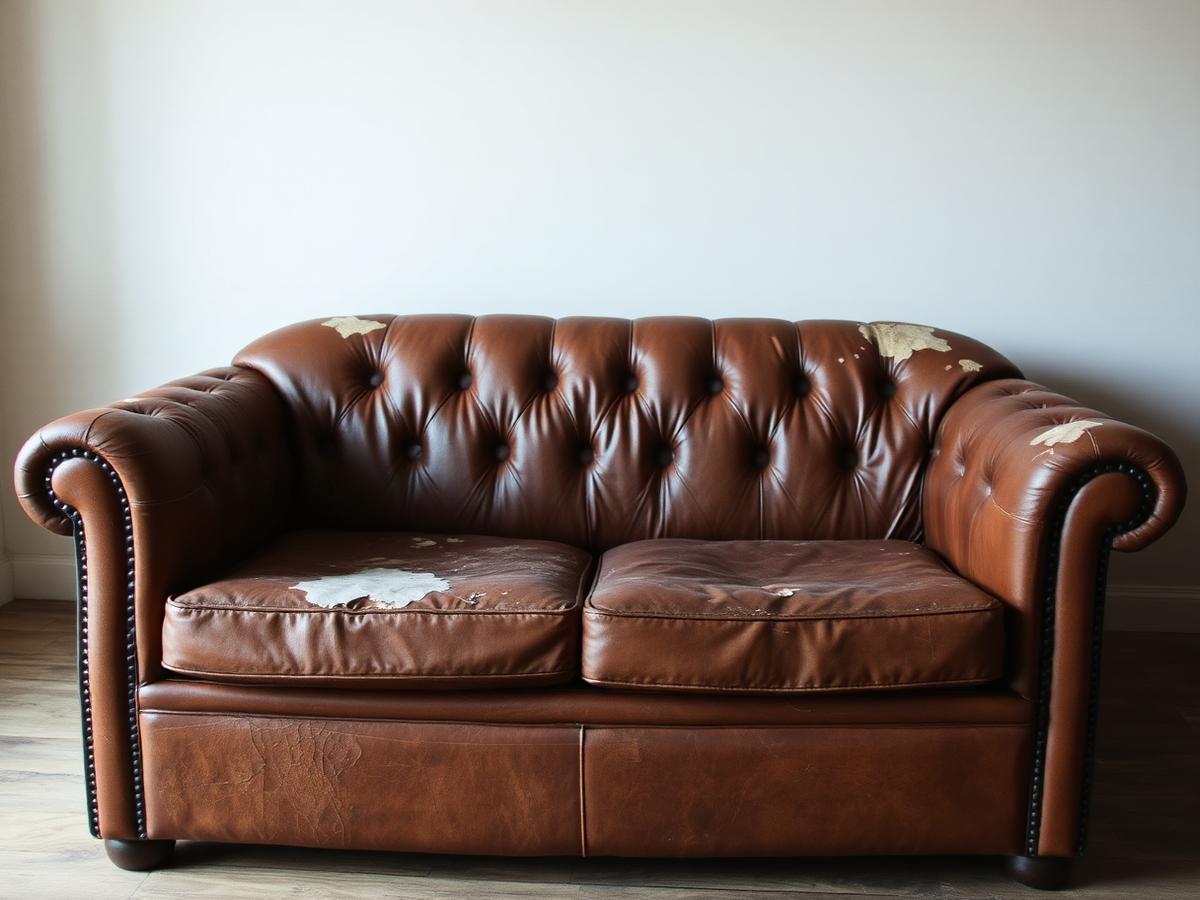 Cracked and faded brown leather sofa before restoration