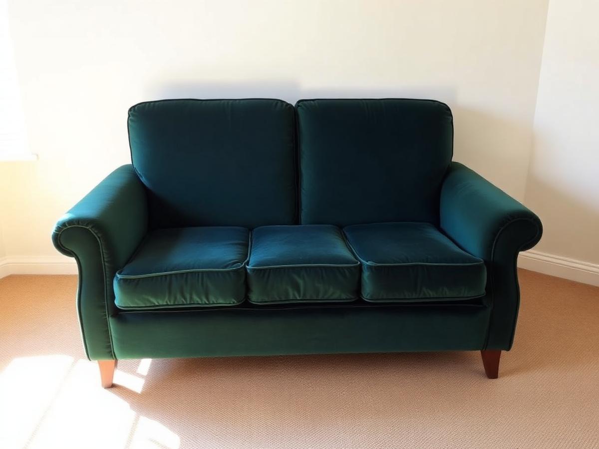 The same sofa restored in deep emerald velvet