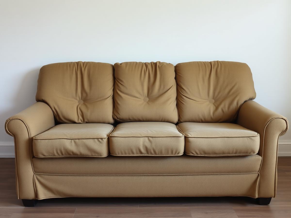 Worn beige three-seater sofa before reupholstery
