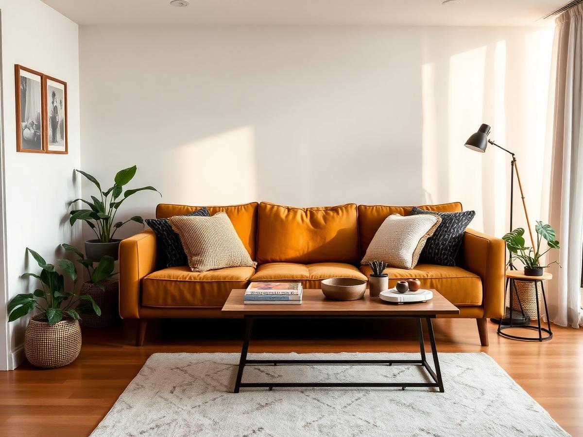 Styled living room with a restored ochre sofa