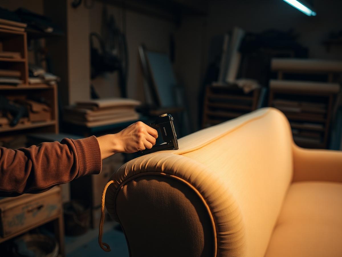 Upholsterer stretching fabric over a sofa frame