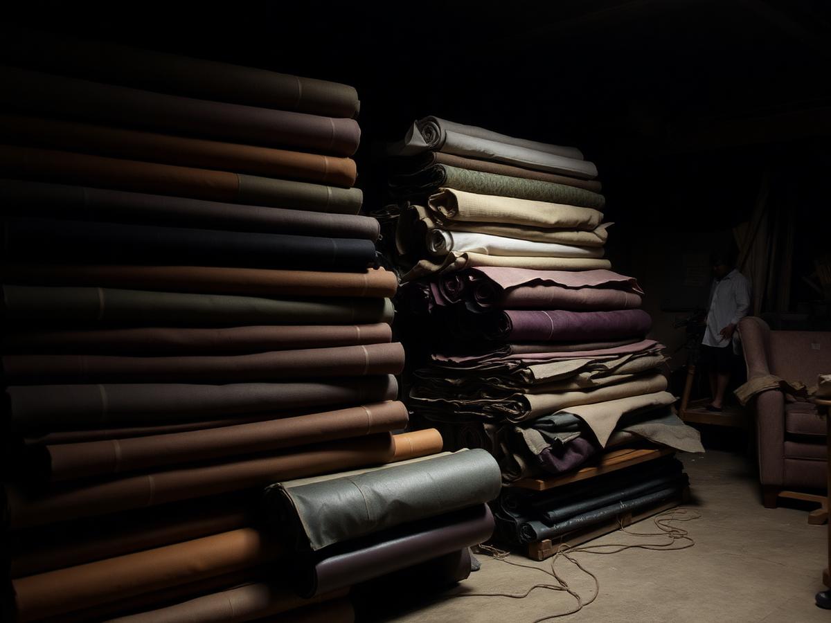 Rolls of upholstery fabric and leather hides in the workshop